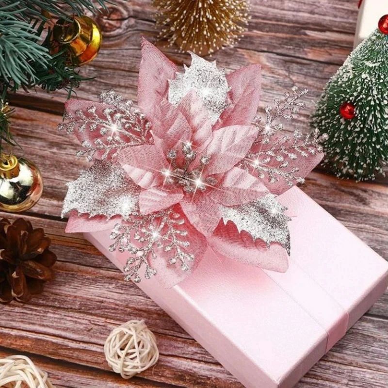 Glitter Pink Poinsettia Christmas Tree Flowers Set 5pcs