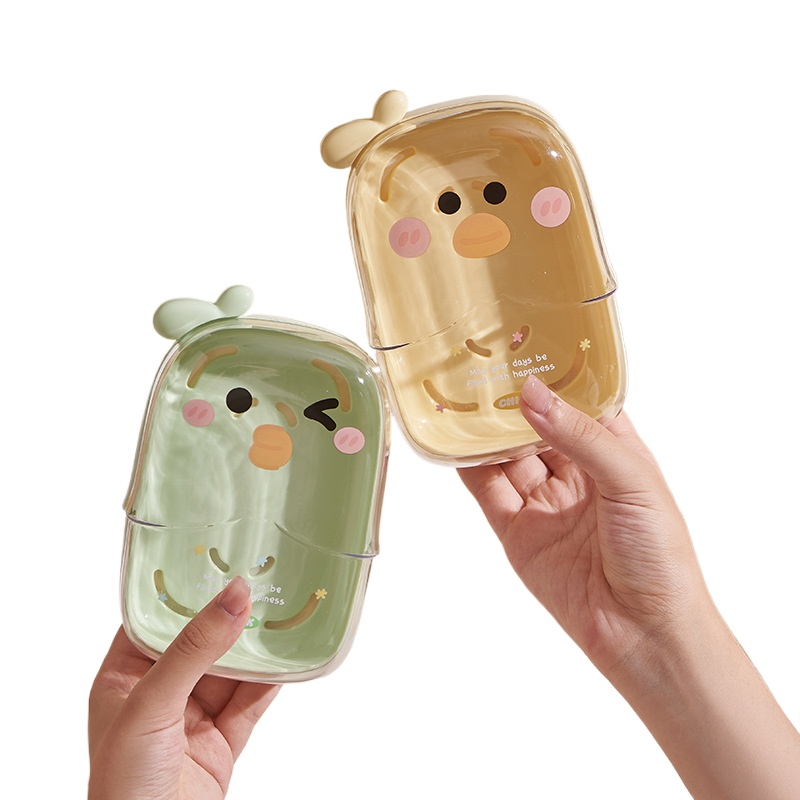 Portable Travel Soap Holder, Cute Cartoon Duck Shaped Soap Case with Drainage, Double-Layer Moisture-Proof for Bathroom