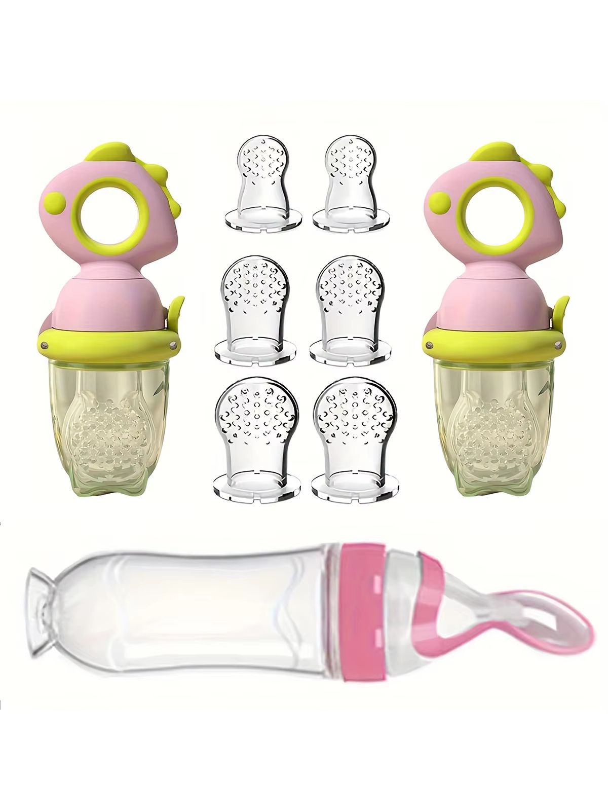 9-Piece Silicone Baby Feeding Set with Dinosaur Rotating Fruit Feeder, Squeeze Bottle and S/M/L Silicone Bags