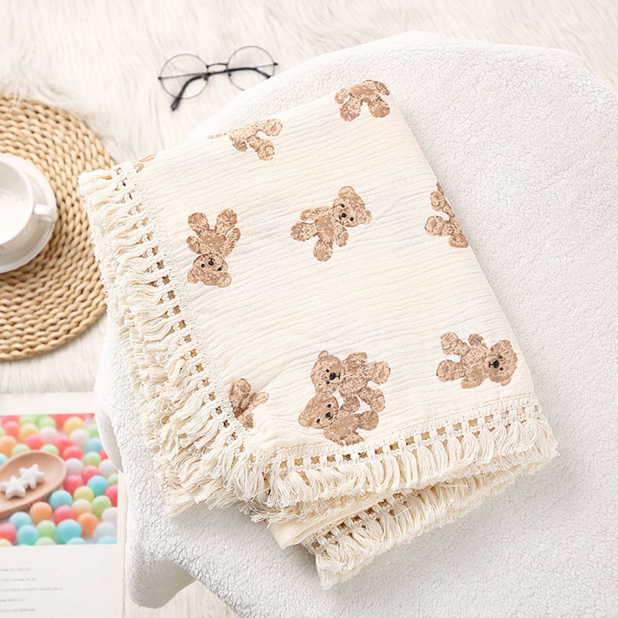 Cotton Baby Blanket for Newborn, Cute Bear Muslin Squares, Plaid Infant Swaddle Blanket, Summer Comforter for Babies