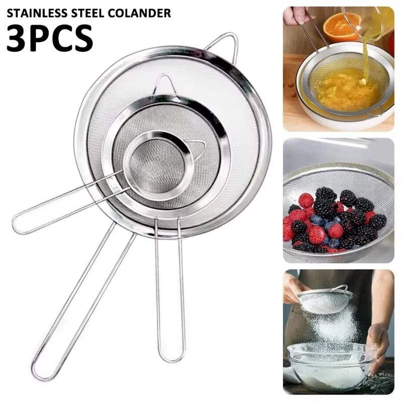 Stainless Steel Sieve Mesh Filter Slotted Spoon Kitchen Essential 3 Pack