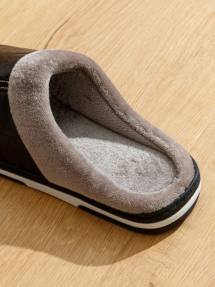 Mens Winter PU Leather Fur Lined Home Slippers