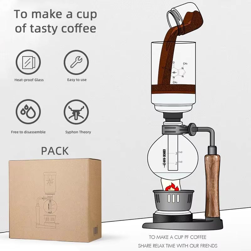 MHW-3BOMBER Japanese Siphon Coffee Maker – Premium Vacuum Brewer with Wooden Handle, 1–3 Cup Glass Drip System