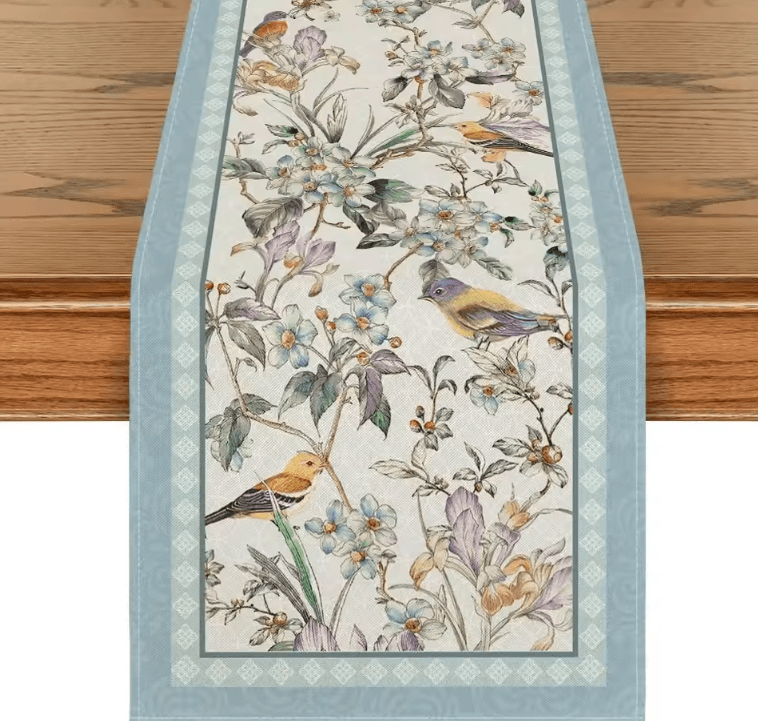 Blue Birds Floral Linen Table Runner – Elegant Spring Blossom Farmhouse Table Decor