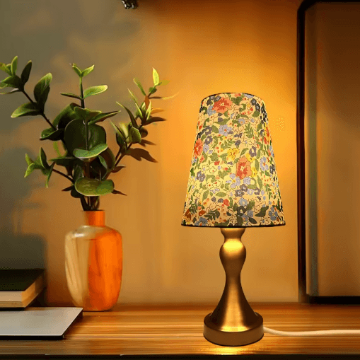 Table Lamp with Golden Base and Floral Fabric Shade USB Powered 3 Tone Dimmable Ambient Light