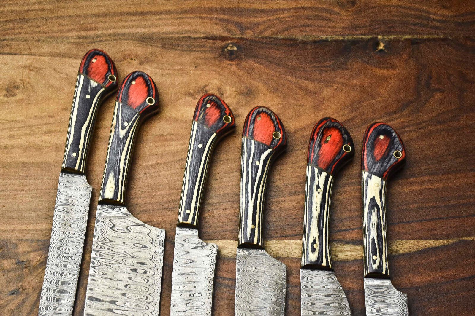 Handcrafted 6-Piece Damascus Steel Chef Knives Set | Custom Hammered Kitchen Blades