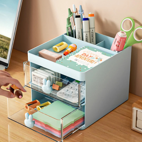 Desk Organizer with Drawer, Office Storage Box, Makeup and Business Card Organizer, Stationery & Mobile Phone Holder