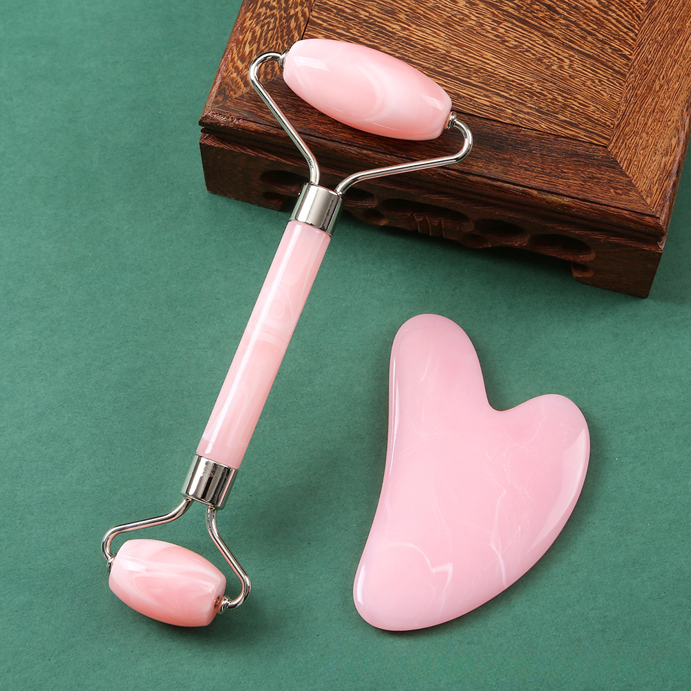 Pink Natural Resin Jade Roller Gua Sha Scraper Set, Face Lift Massager, Anti-Wrinkle & Double Chin Remover Beauty Skin