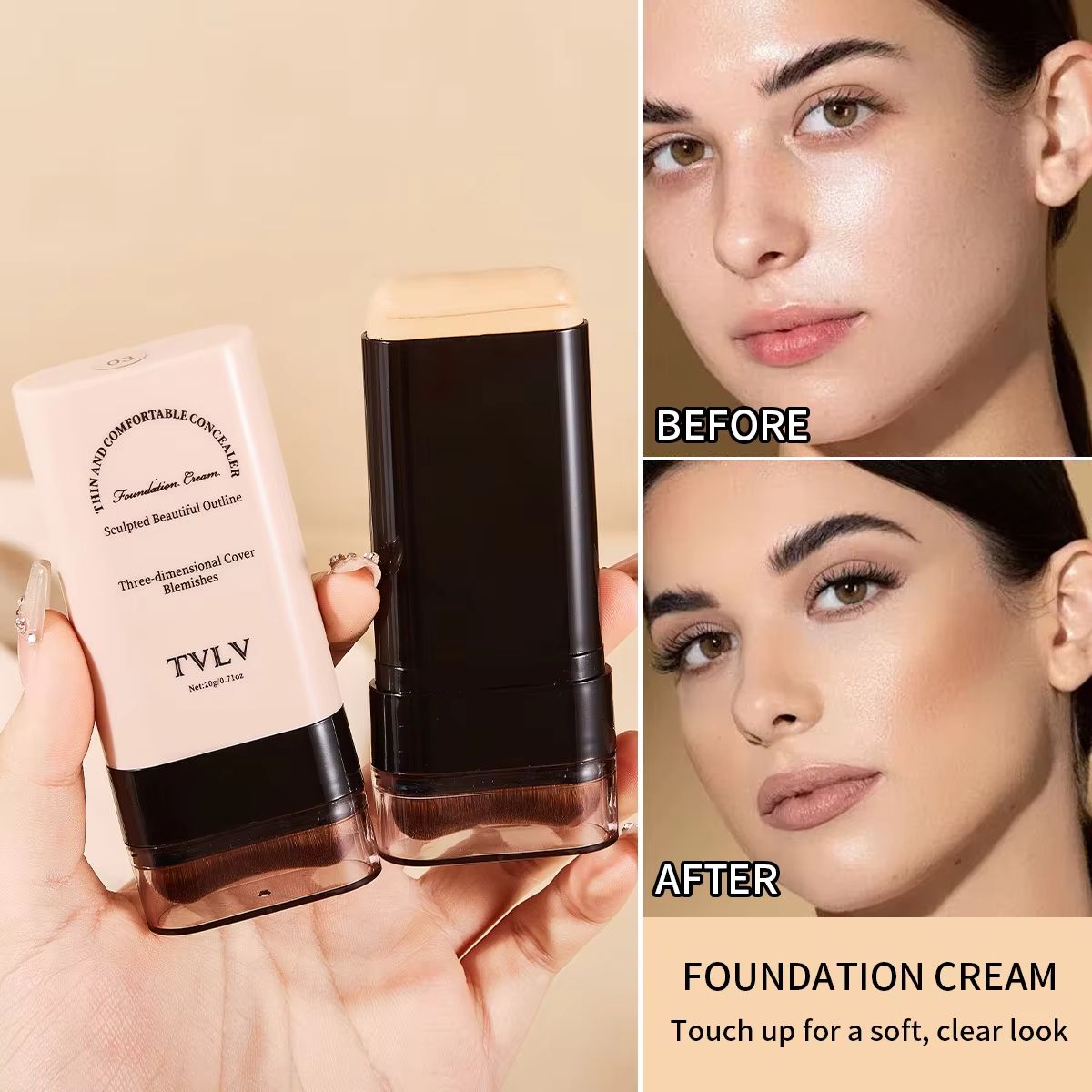 TVLV Eraser Foundation Stick – Long-Lasting Concealer & Liquid Foundation with Built-In Brush for Flawless, Natural Cove