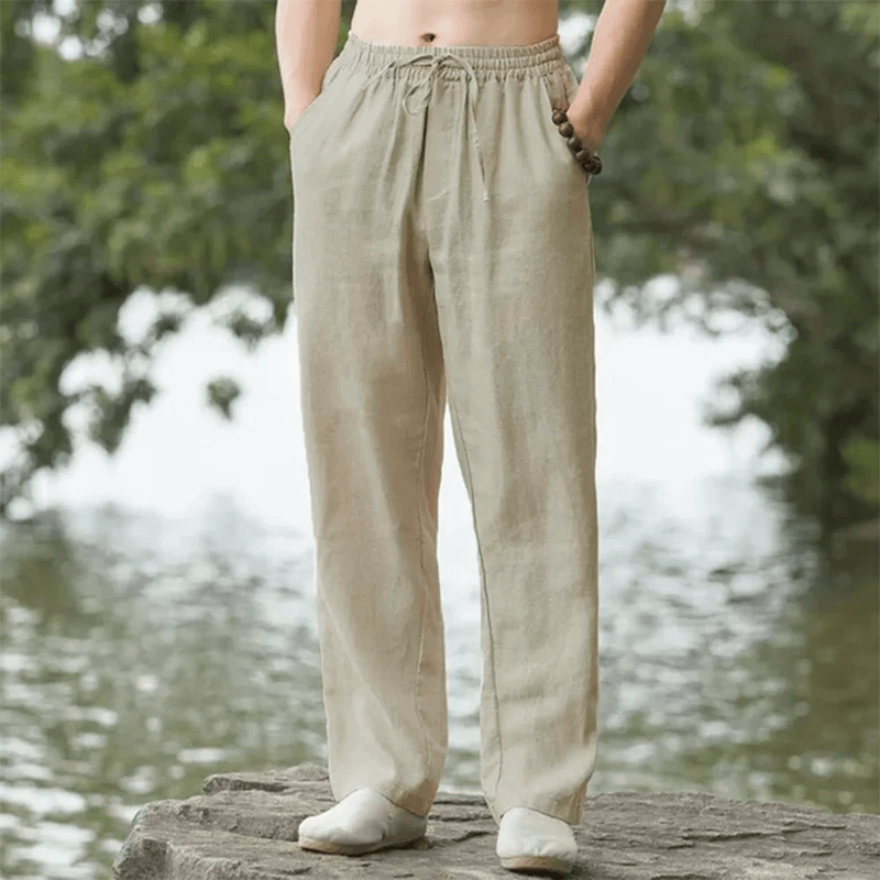Mens Cotton Linen Beach Pants Casual Summer Joggers Loose Fit Trousers