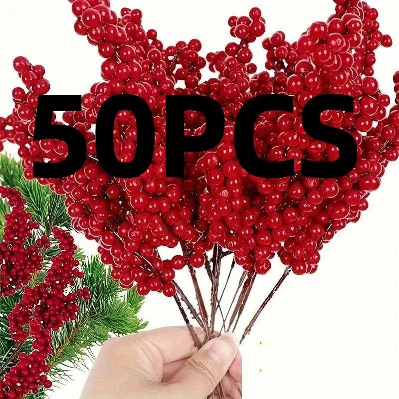 50pcs Artificial Red Berry Branches for DIY Crafts and Holiday Decor