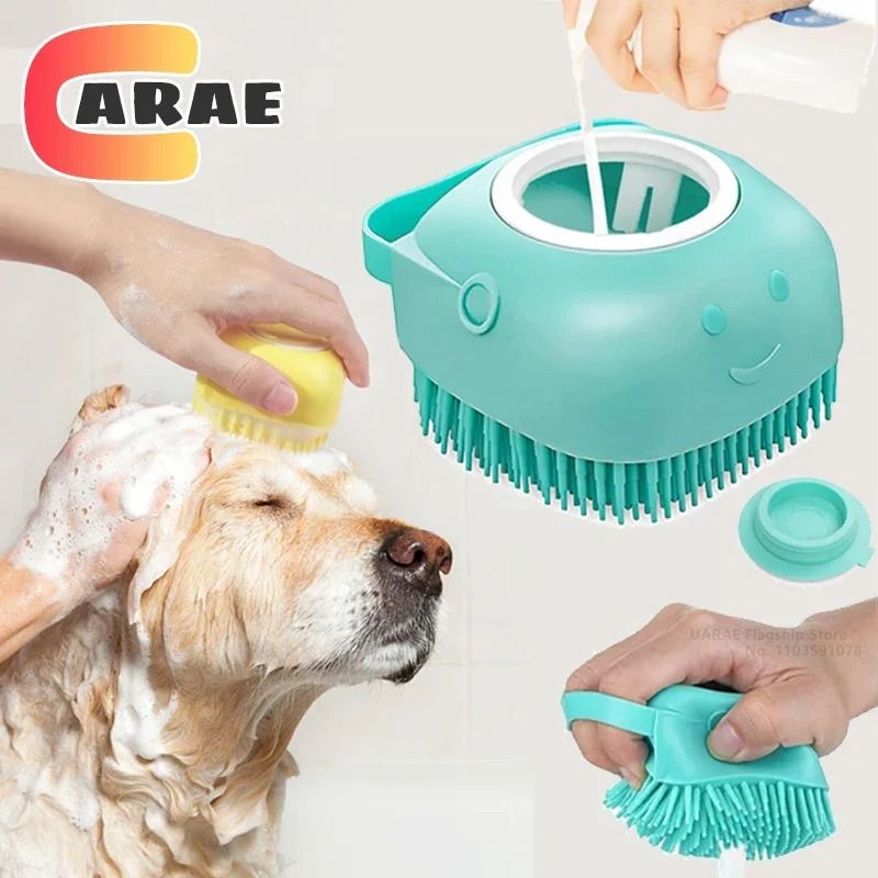 Dog Bathing Brush Pet Massage Brush with Shampoo Dispenser – Soft Silicone Rubber Bristle Grooming Tool for Dogs and Cat