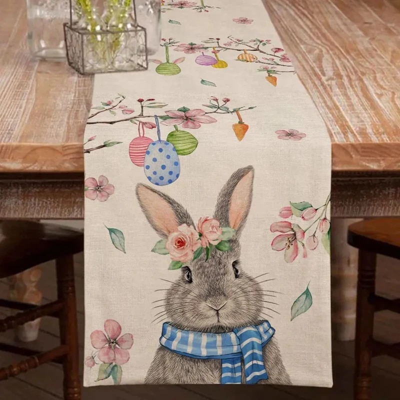 Easter Linen Table Runners: Spring Rabbit, Colorful Eggs, Tulip - Farmhouse Dining & Party Decor