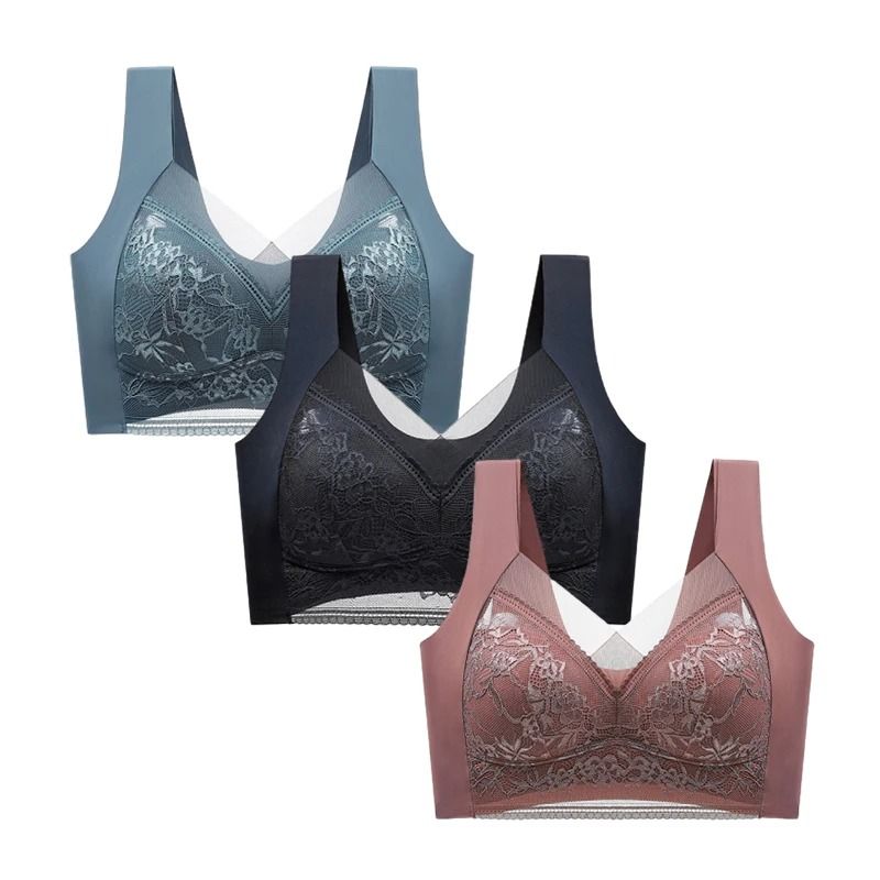 FallSweet 3 Pack Lace Push Up Bra Wireless Deep V Bralette Set L to 5XL