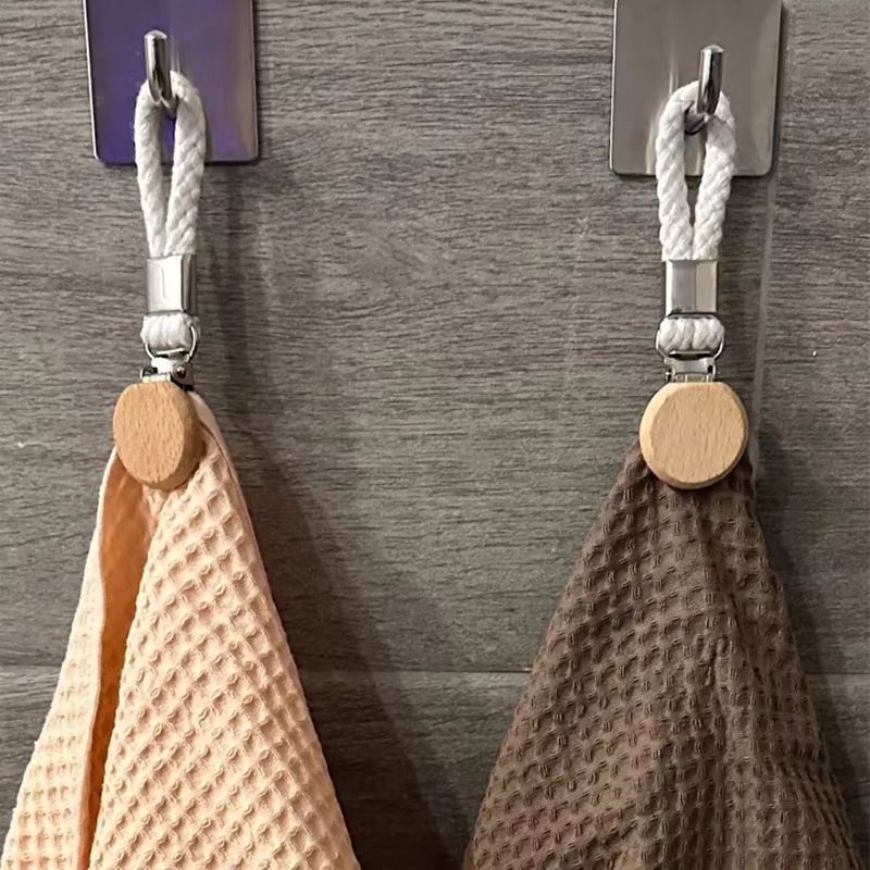 Rustic Beech Wood Towel Clip Set with Woven Rope – Non Slip Kitchen & Bathroom Organizer (2pcs)