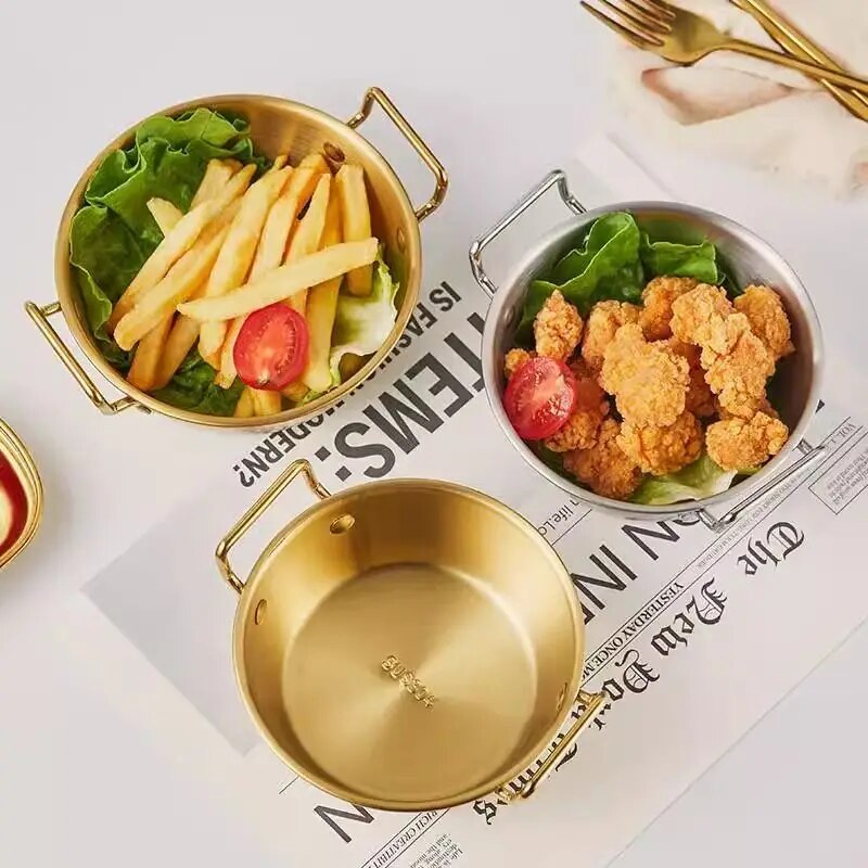 Golden Stainless Steel Instant Noodle Bowl with Handle - Elegant Korean Rice Wine Bowl for Salads & Snacks