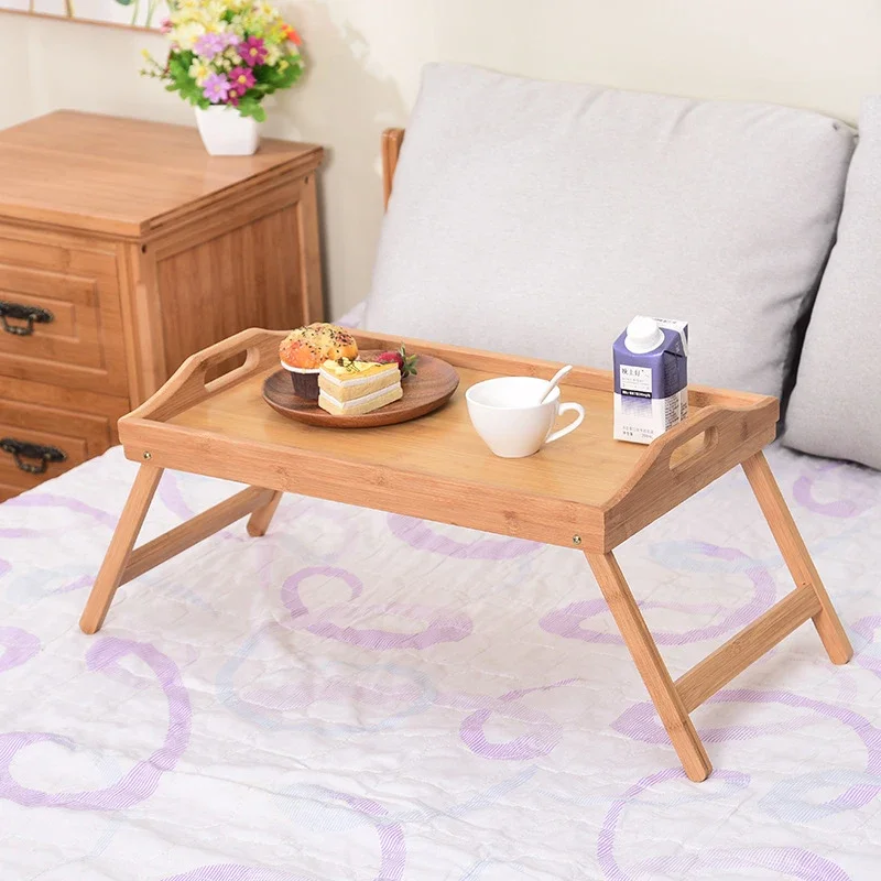 Foldable Bamboo Bed Tray Table with Folding Legs, Snack Tray, Breakfast Tray, Serving Laptop Tray, Handle Bed Table