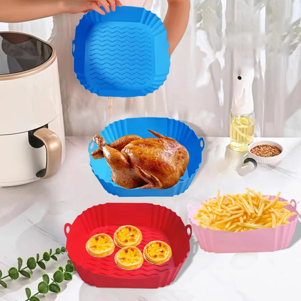 Reusable Silicone Air Fryer Basket, Safe BBQ Mold Pan, Food Grade Tray for Airfryer & Oven