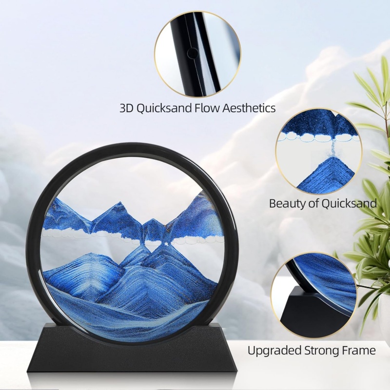 Round Glass 3D Hourglass Quicksand Moving Sand Art Picture, Deep Sea Sandscape Craft, Flowing Painting Home Office Decor