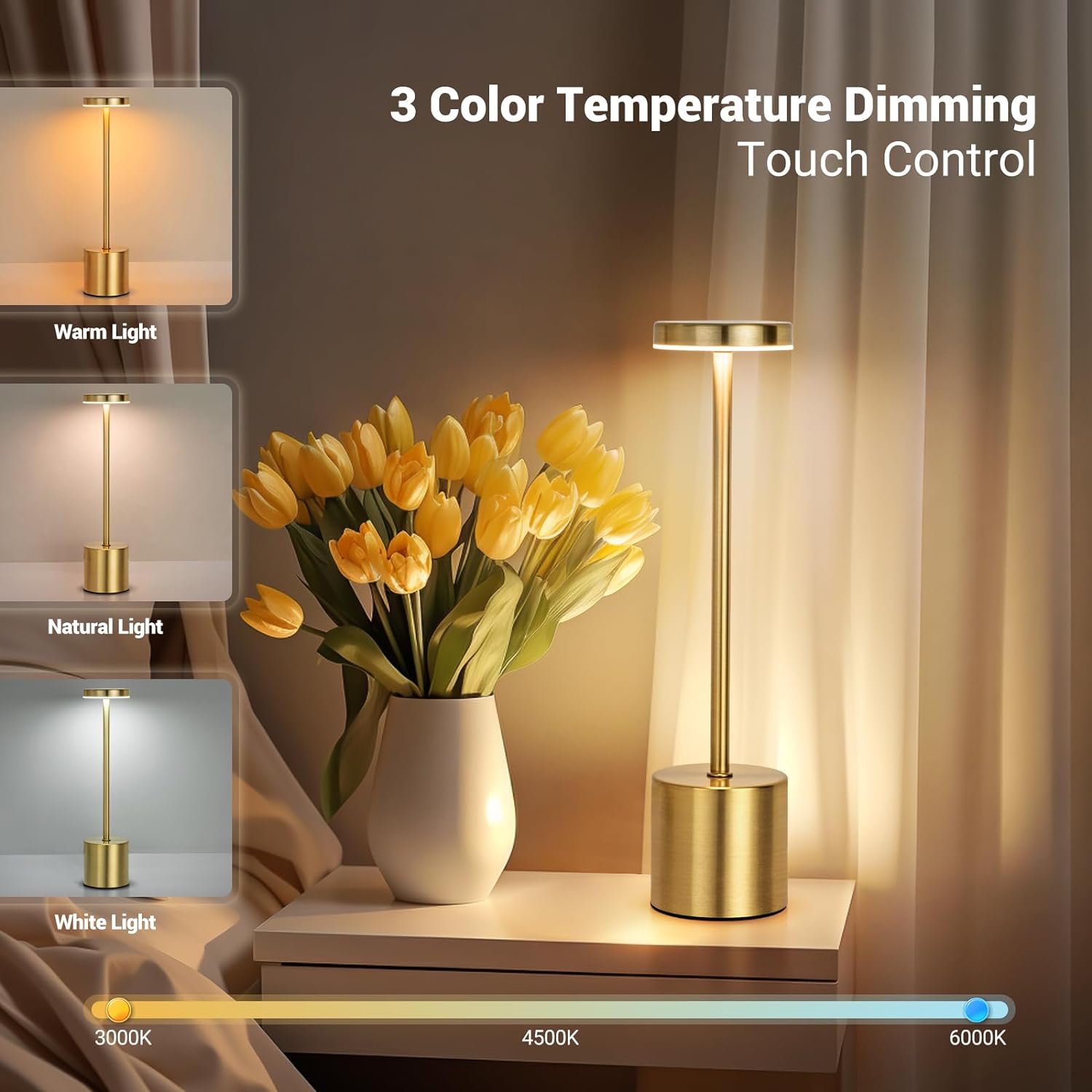 Simple LED Rechargeable Touch Metal Table Lamp, Three Colors, Bedside Creative Ambient Light Bar, Outdoor Night Light