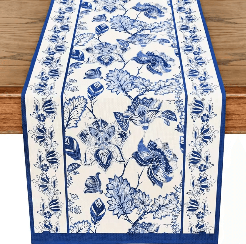 Summer Blue Floral Linen Table Runner – Farmhouse Dining & Wedding Table Decor