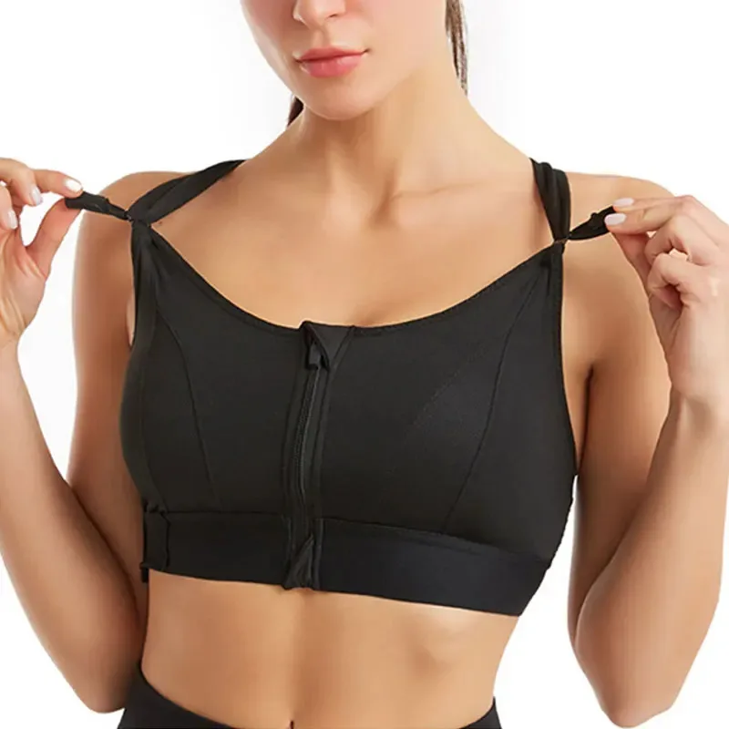 Front Zipper Adjustable Strap Shockproof Sports Bra for Women, Elastic Fitness Athletic Brassiere, Slim Yoga Crop Top