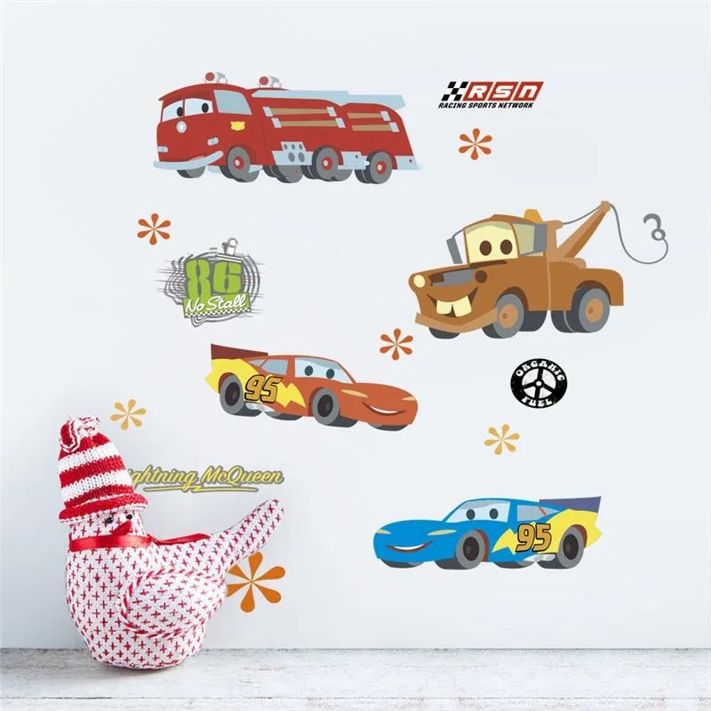 3D Cartoon Cars Breakthrough Wall Decal | Lightning McQueen Racing Mural | High-Fidelity Kid's Room & Playroom Art