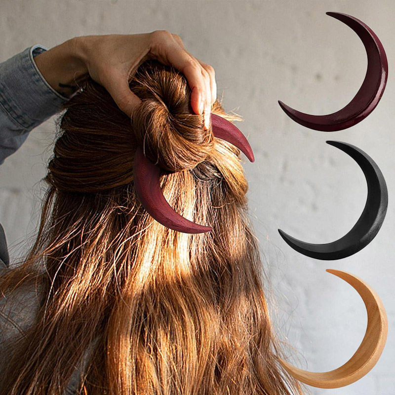 Wooden Crescent Hair Pin – Handcrafted Moon-Shaped Wooden Hair Stick for Women, Elegant Long Hair Accessory