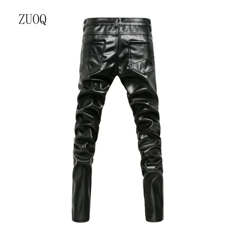 Men's High Waist PU Leather Skinny Biker Pants – Slim Fit Motorcycle Clubwear Trousers