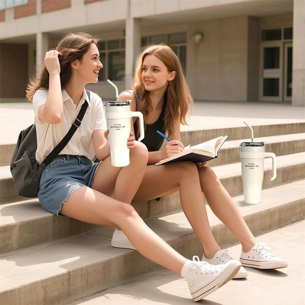 38.55oz Stainless Steel Insulated Ice Tumbler With Handle and Straw High Capacity Car Insulation Coffee Cup