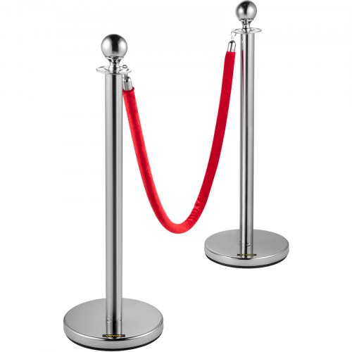 Retractable Crowd Control Barrier, 38 Inch Stainless Steel Stanchion Posts with Durable Red Velvet Rope (Silver)