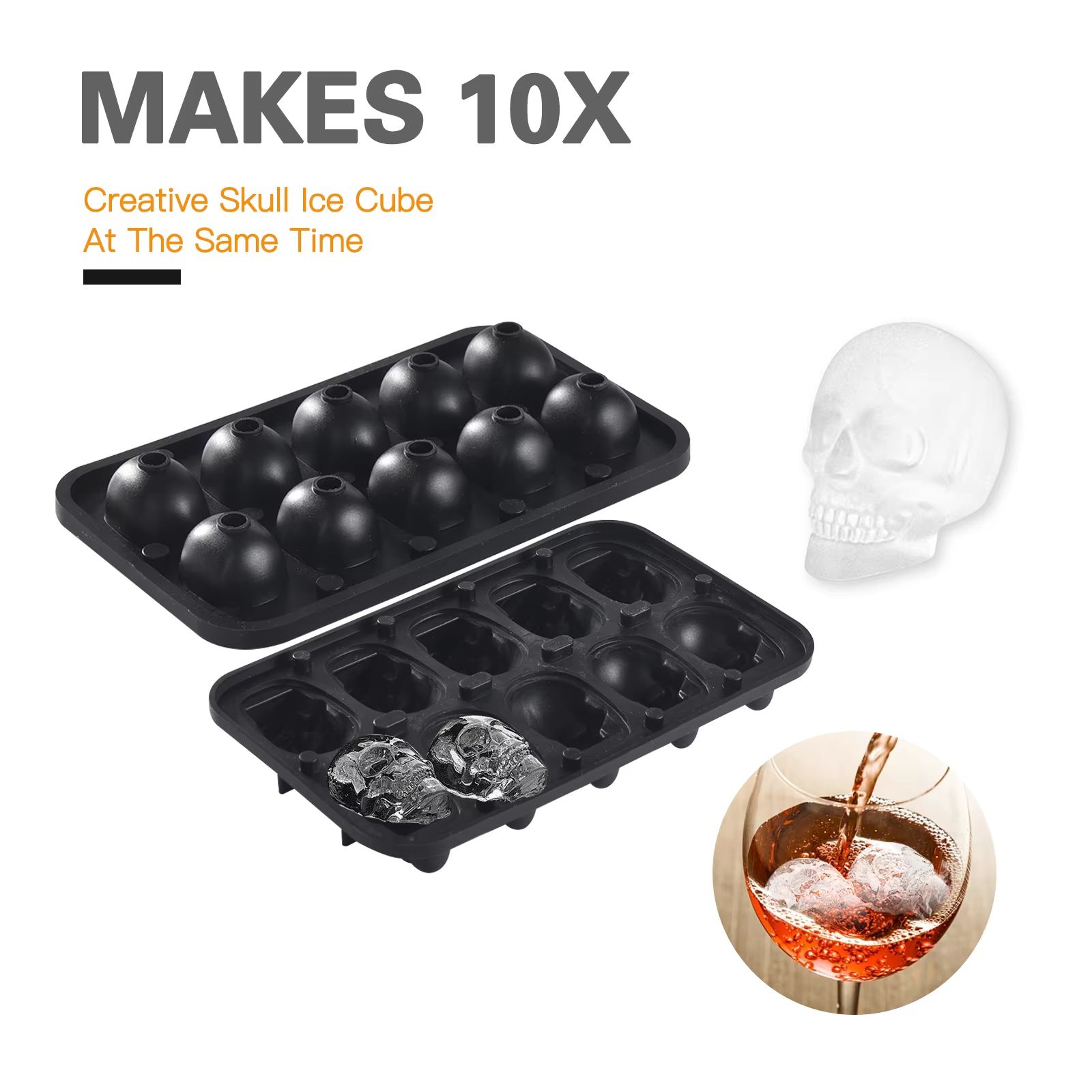 Skull & Whiskey Silicone Ice Mold – 10-Cavity Food-Grade Ice Block Tray with Filling Funnel