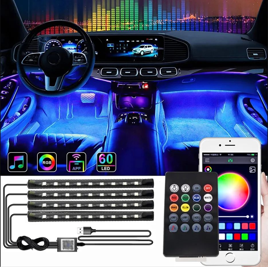 USB Car Interior Ambient Light Strips 48 LED with App and Remote Control