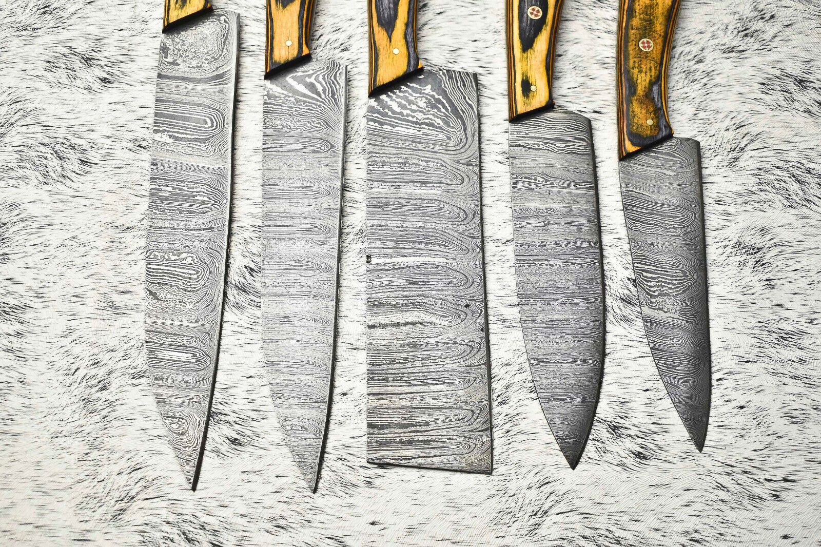 Superb Custom Lot of 5 Handmade Hammered Damascus Steel Chef Knives | Full Tang Blades with Polished Handles