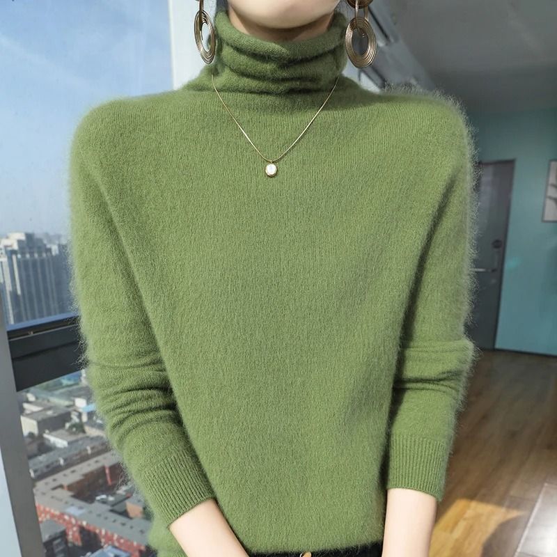 Womens Pure Mink Cashmere Sweater Slim Fit Pullover with Pile Collar Knitted Winter Top