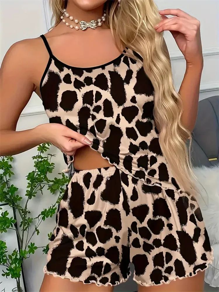 Women Summer Leopard Print Cami and Shorts Pajama Set