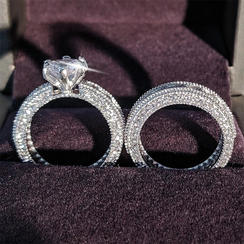 Stunning Silver Zircon Wedding Ring Set - Perfect for Women's Engagement & Anniversary