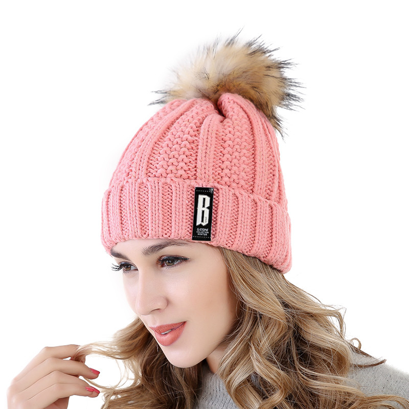 New Women Hat, High-Quality Winter Wool Beanie with Add Fur Lined Pompoms for Streetwear