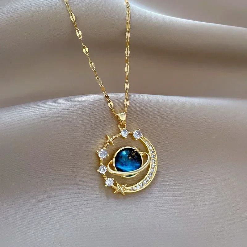 Luxury Designer Star Saturn Pendant Necklace For Women Stainless Steel Chain