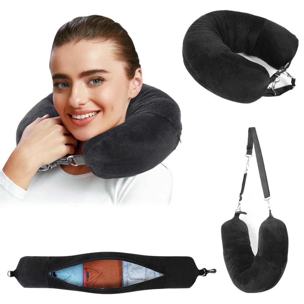 Travel Neck Pillow With Fillable Clothing Insert And Velvet Cover