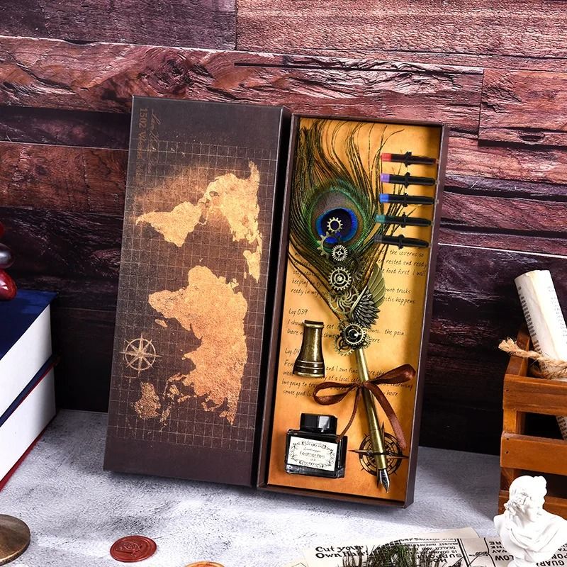 Antique Feather Dip Pen Calligraphy Quill Pen Set with Mechanical Wing Base