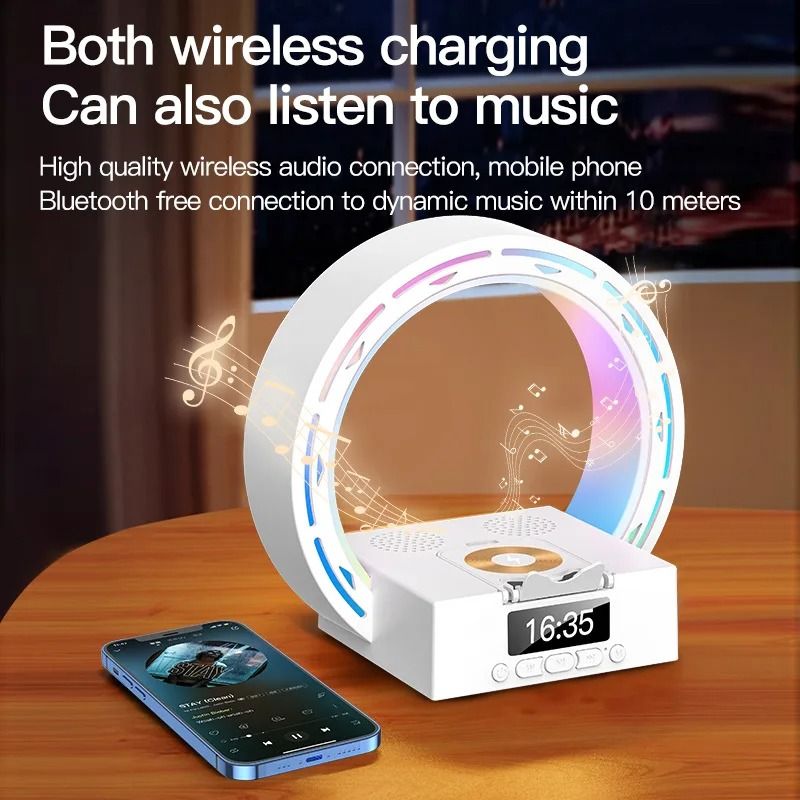 Desktop Bluetooth Speaker Alarm Clock with Night Light Wireless Charger USB AUX