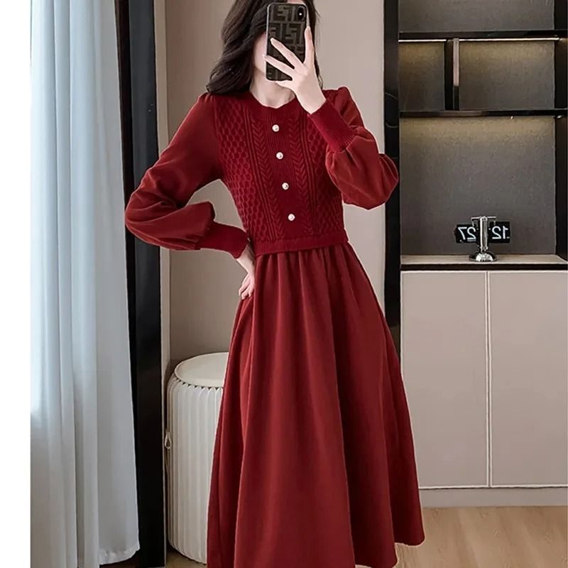 Casual O-Neck Lantern Sleeve Fake Two Piece Knitted Dress Autumn Winter Ladies Long Sweater Dress
