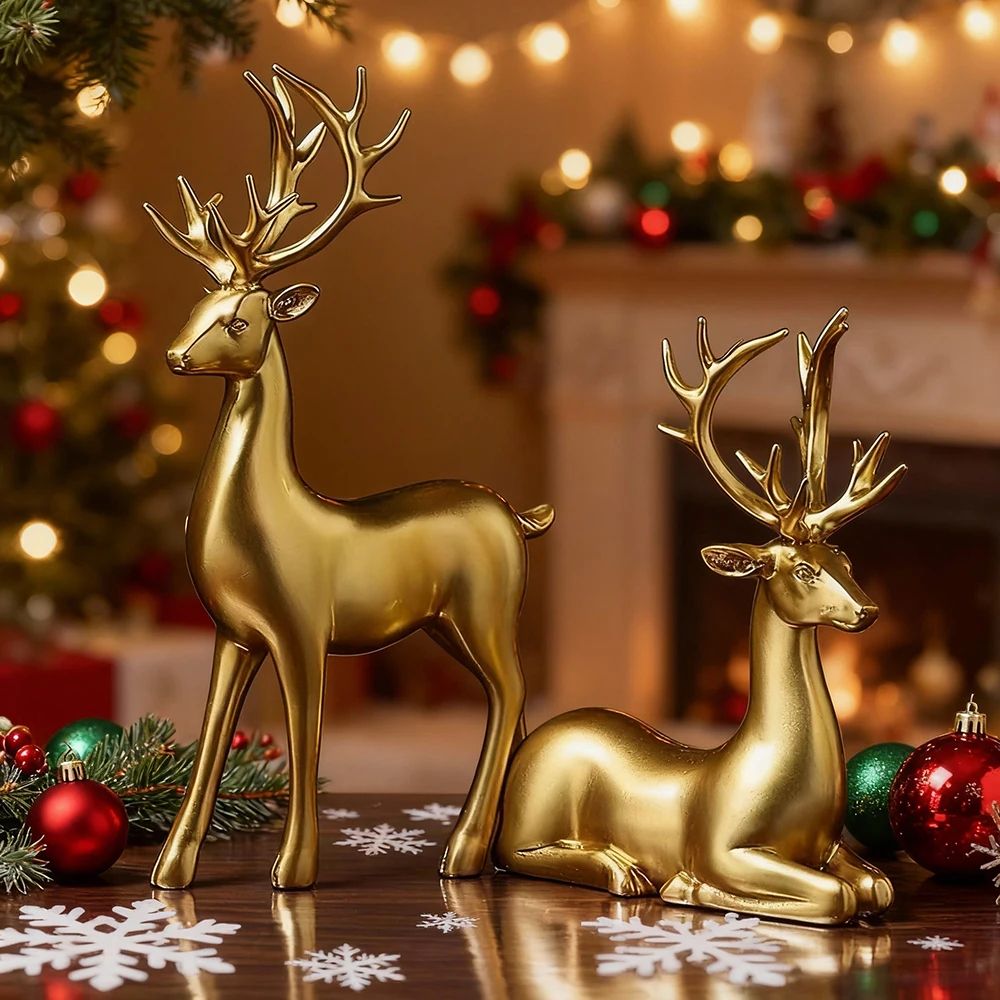 Gold Reindeer Christmas Table Decor Set – 2pcs Elegant Elk Statues for Holiday Home & Office Styling