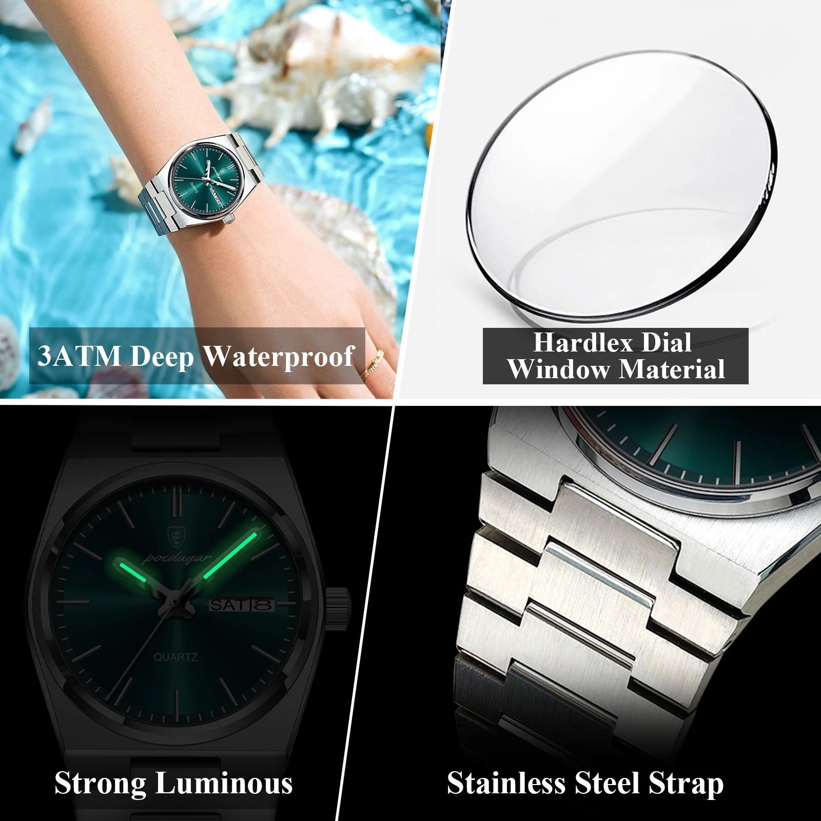 Stainless Steel Quartz Watch – Waterproof Luxury Timepiece with Date and Week Display for Women