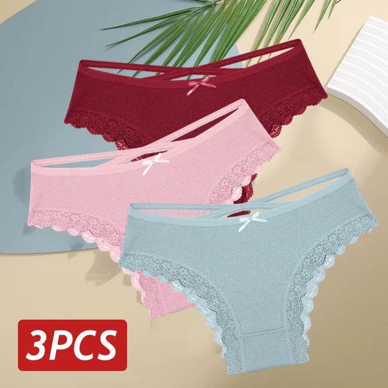 Women's 3-Piece Cotton Low-Rise Lace Brazilian Panties Set Breathable Soft Underwear S-XL
