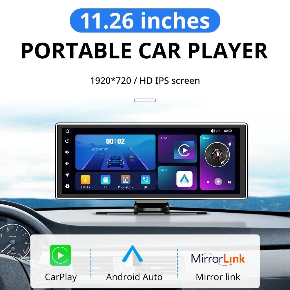 11.26 Inch Touchscreen Car Multimedia Video Player with Dual Lens DVR and Wireless CarPlay