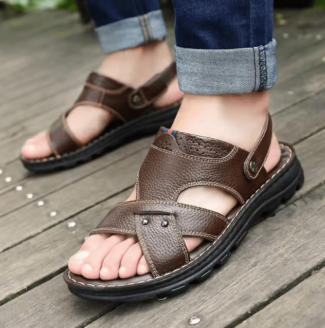 Genuine Leather Mens Beach Sandals with Thick Non-Slip Sole
