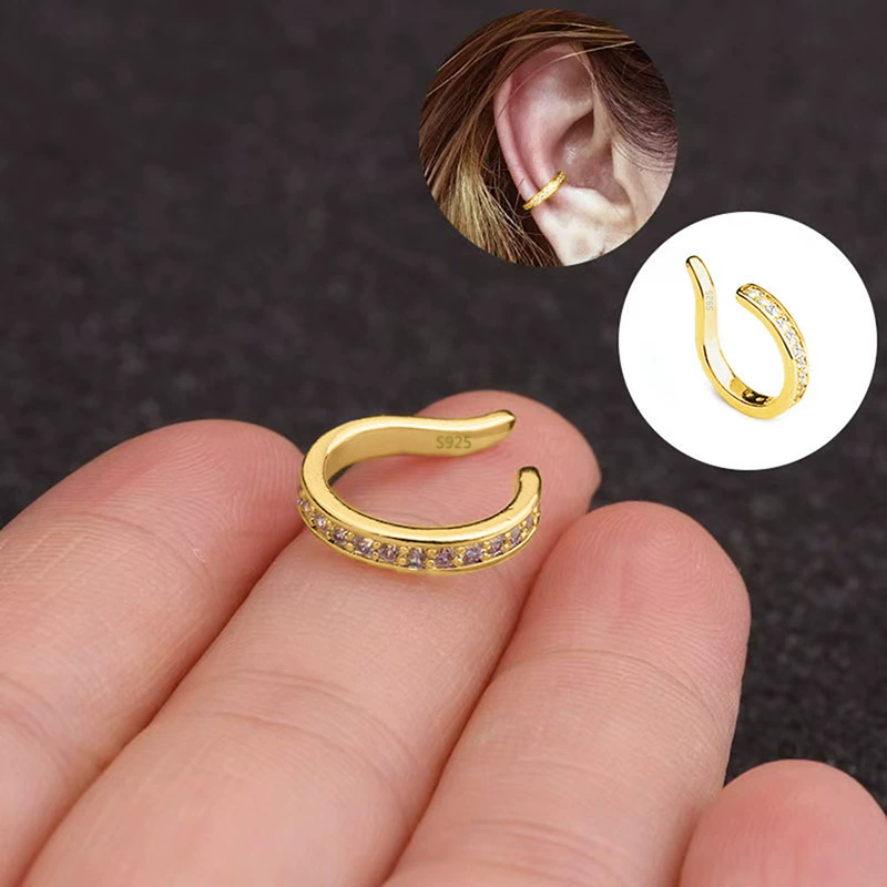 Sterling Silver Fashion Fine C Shape Zircon No Hole EarCuff Earrings Women Men Punk Rock Rhinestone Jewelry
