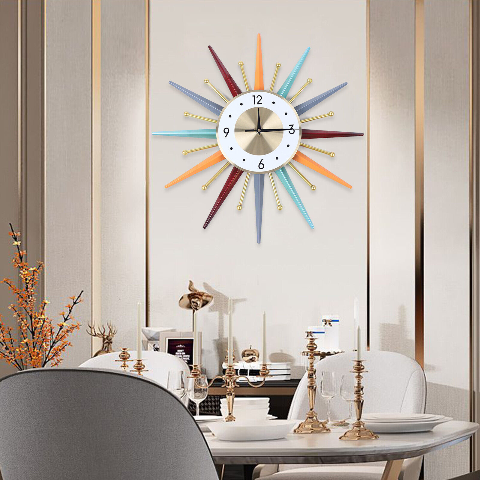 Silent Modern Colorful Starburst Wall Clock, Metal Timepiece for Bedroom Decor, Living Room Accent Clock Wall Art